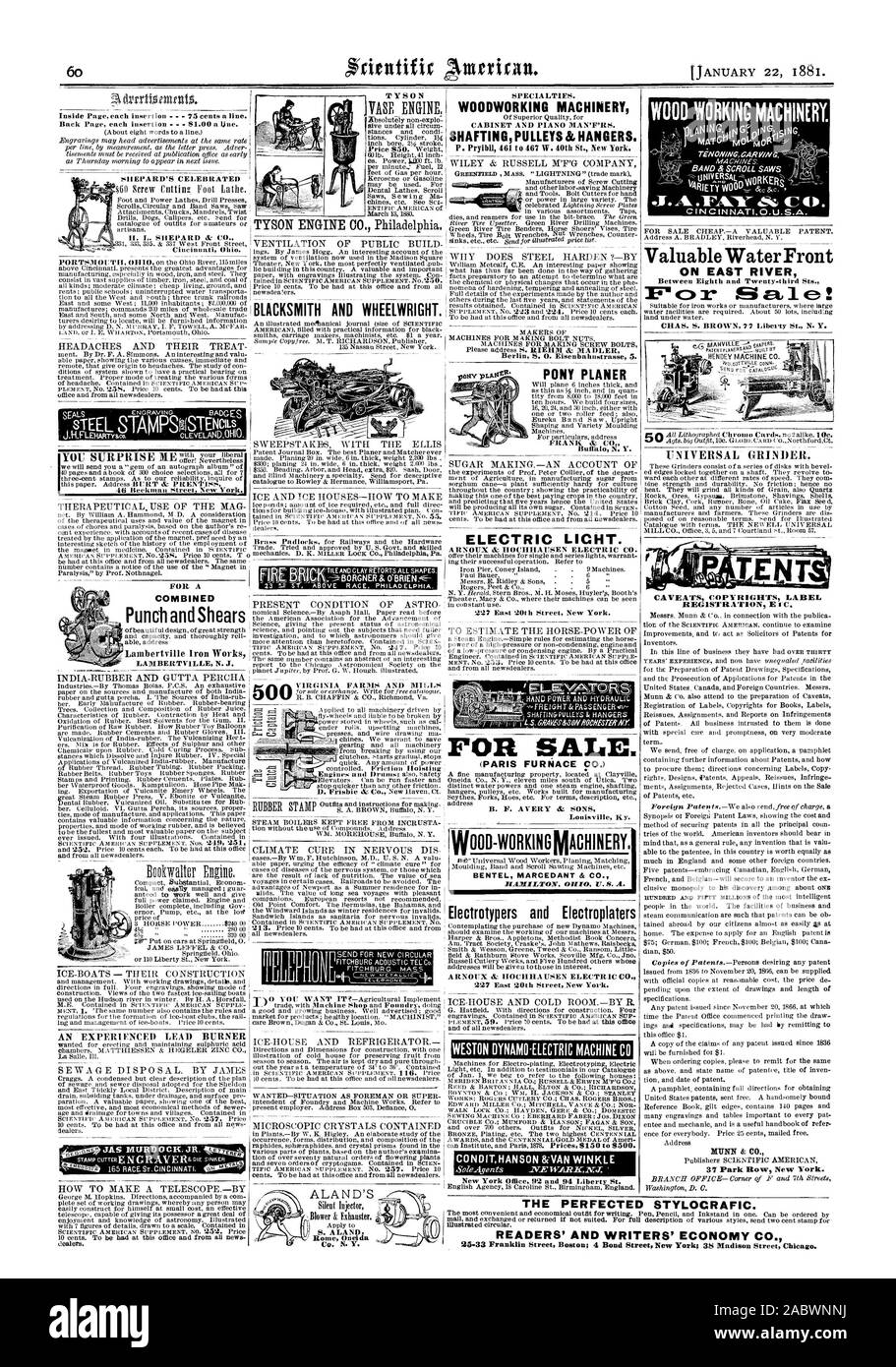 Electrotypers et Electroplaters 227 East 20th Street New York. CONDITHANSON &NAN WINKLE Bureau de New York 92 et 94 LibertSt. les concessionnaires. les concessionnaires. Oneida Rome spécialités. Machines & ÉQUIPEMENT DE CABINET ET PIANO MAN'F'RS. SHAFTINGPULLEYS& cintres. ELECTRIC LICHT. A 0UX & HOCHHAUSEN ELECTRIC CO. est 227 201h Street New York. Broyeur universel. Avertissements COPYRIGH TS'E d'enregistrement de l'étiquette IC. Ce bureau $1. Les éditeurs adresse SClENTIF1C AMERICAN 37 Park Row New York. Machines DE TRAVAIL DU BOIS. CINCINNATIO.U.S.A. Avant l'eau précieuse sur l'EAST RIVER, entre les huitième et vingt-troisième Sts. CHAS. S. Brown 77 Banque D'Images