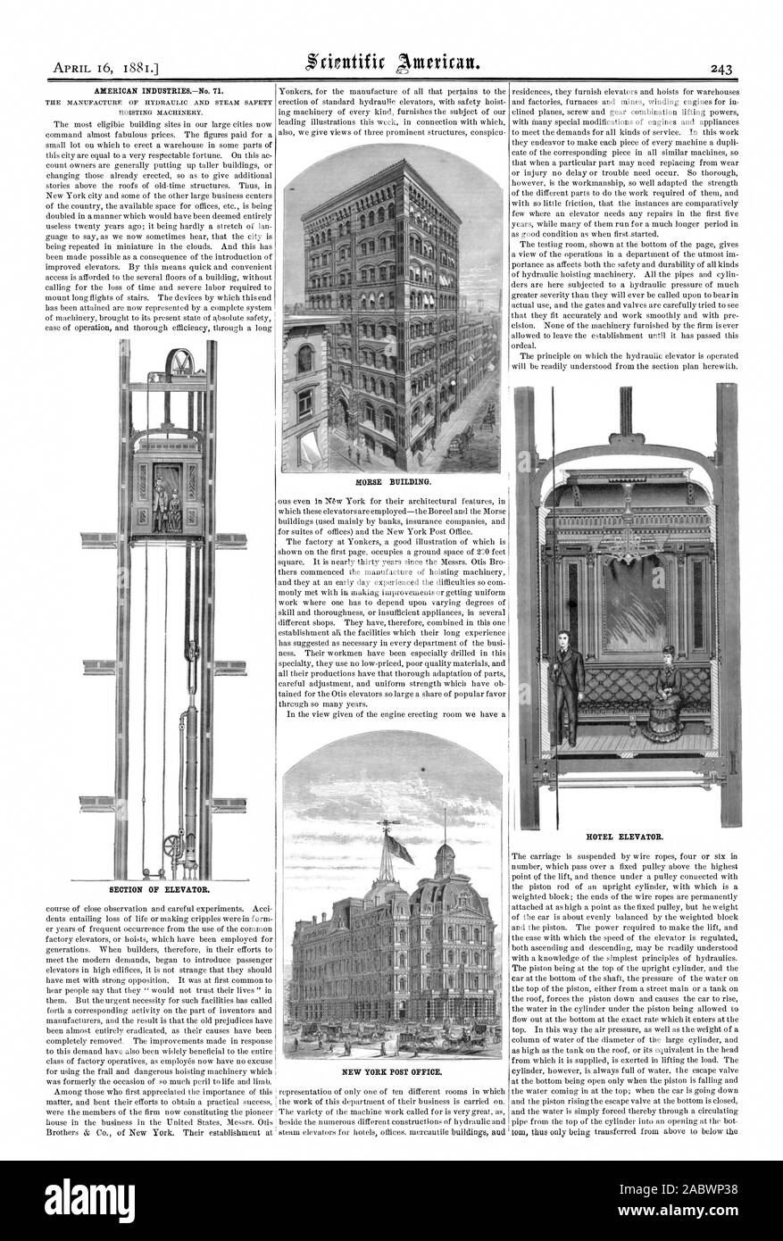 INDUSTRIESNo américain. 71. NEW YORK POST OFFICE. Ascenseur de l'hôtel. L'article de l'élévateur., Scientific American, 1881-04-16 Banque D'Images