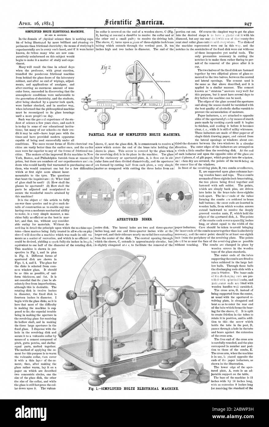 HOLTZ SIMPLIFIÉ MACHINE ÉLECTRIQUE. PLAN PARTIEL DE HOLTZ SIMPLIFIÉ DE LA MACHINE. Les disques ajouré. Fig. 1-ÉLECTRIQUE SIMPLIFIÉ HOLTZ MACHI NE., Scientific American, 1881-04-16 Banque D'Images