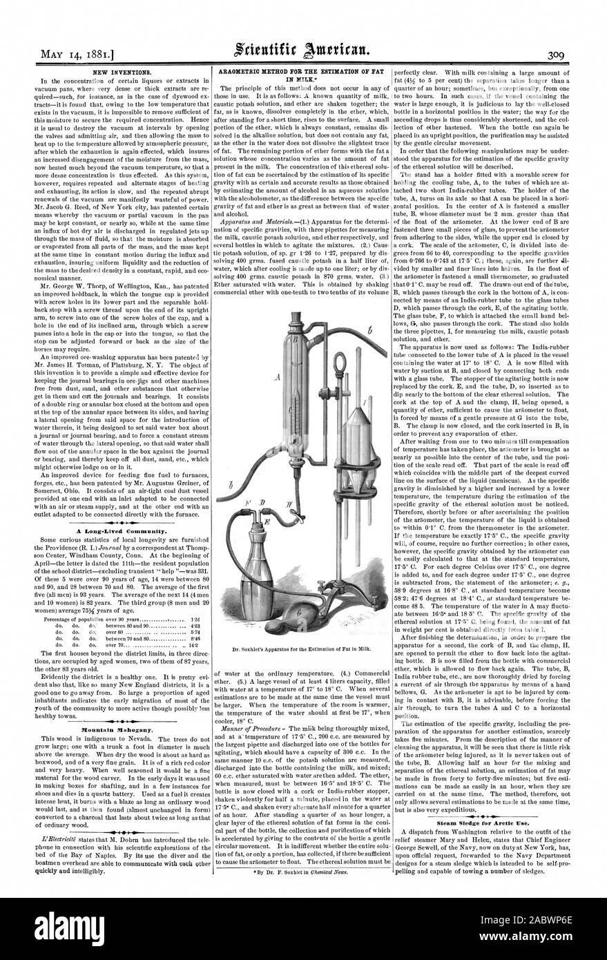 De nouvelles inventions. Actifs à long terme une communauté. L'acajou de la montagne. Traîneau à vapeur pour l'utilisation de l'Arctique. ARAOMETRIO MÉTHODE POUR L'ESTIMATION DES MATIÈRES GRASSES DANS LE LAIT., Scientific American, 1881-05-14 Banque D'Images