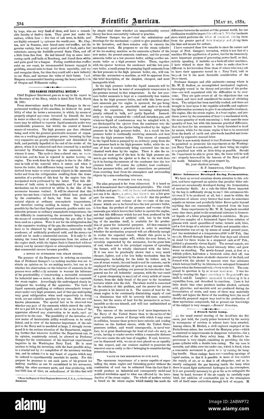 Le GANGER mouvement perpétuel. Substances amères élaboré durant la fermentation. Une lampe de sûreté français., Scientific American, 1881-05-21 Banque D'Images