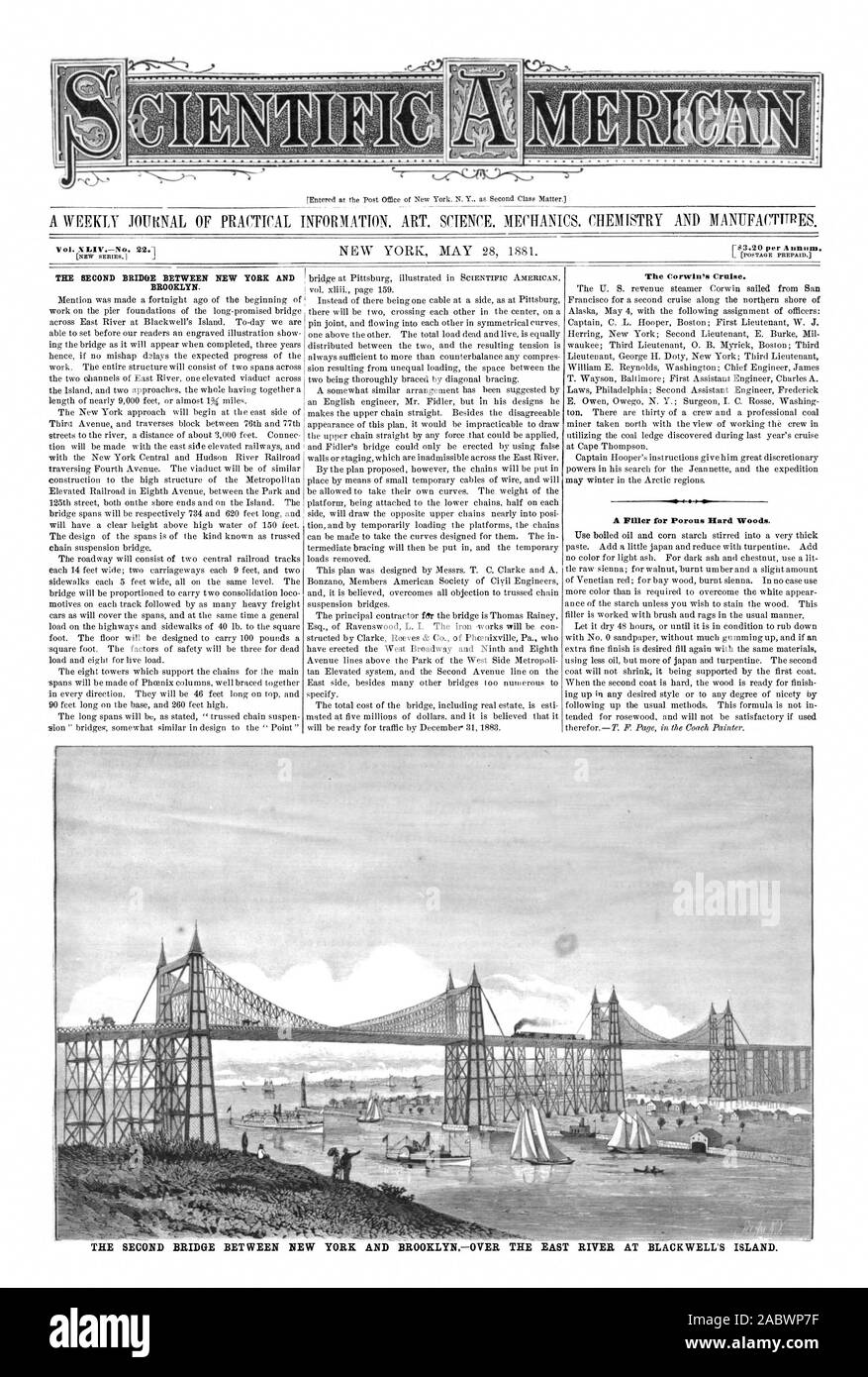 Un journal hebdomadaire d'informations pratiques. ART. La SCIENCE. La mécanique. Chimie et MANUFACTTTPES. Le deuxième PONT ENTRE NEW YORK ET BROOKLYNOVER L'EAST RIVER À BLACKWELL'S ISLAND. Ae !. Le deuxième PONT ENTRE NEW YORK ET BROOKLYN. La Corwin's Cruise. Une goulotte de remplissage poreux pour bois durs., Scientific American, 1881-05-28 Banque D'Images