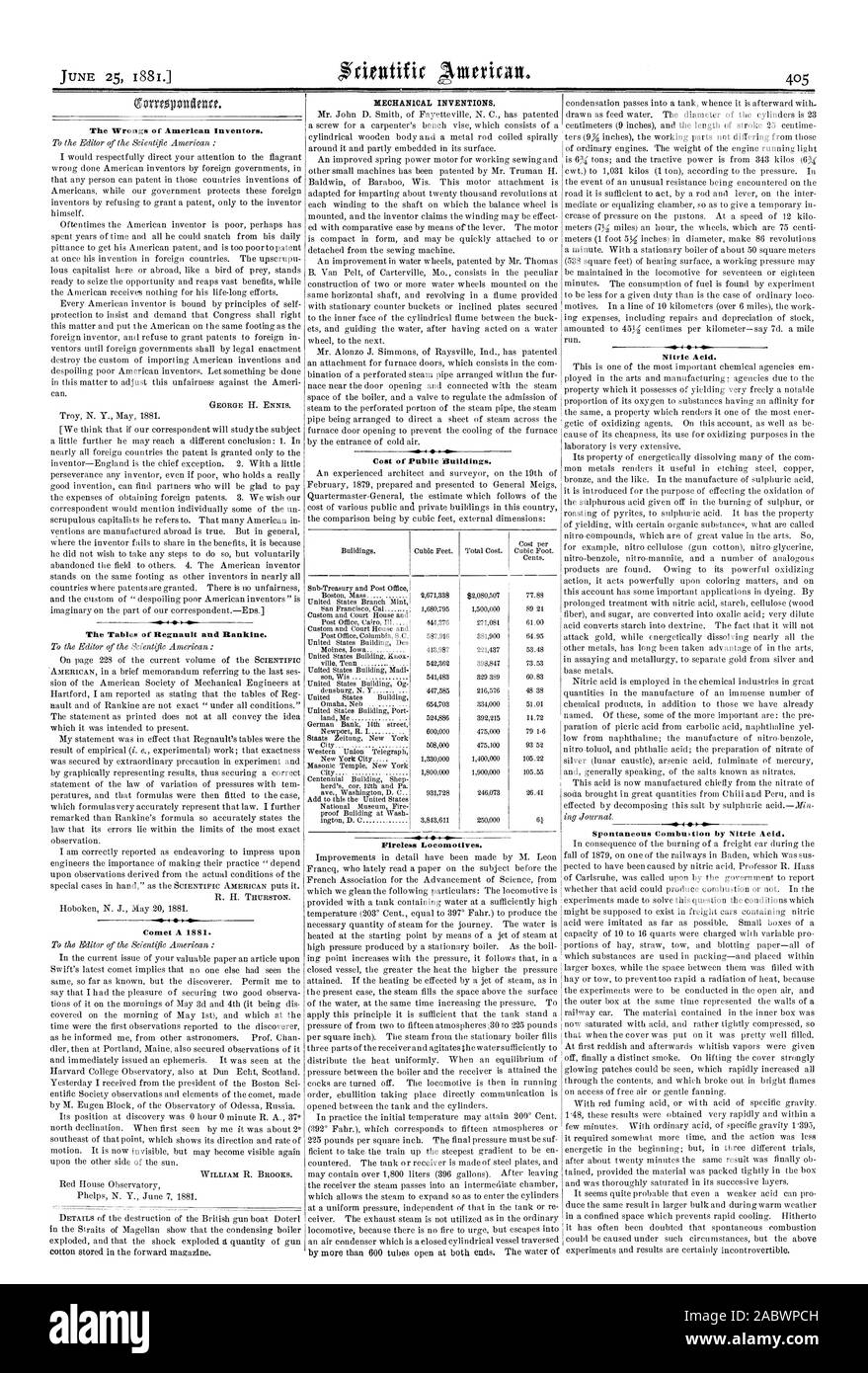 Les torts d'inventeurs américains. Les tableaux de Regnault et Rankine. Une comète 1881. Des inventions mécaniques. Coût des ituildings. Fireless 61 locomotives. L'acide nitrique. Combustion spontanée par l'acide nitrique., Scientific American, 1881-06-25 Banque D'Images