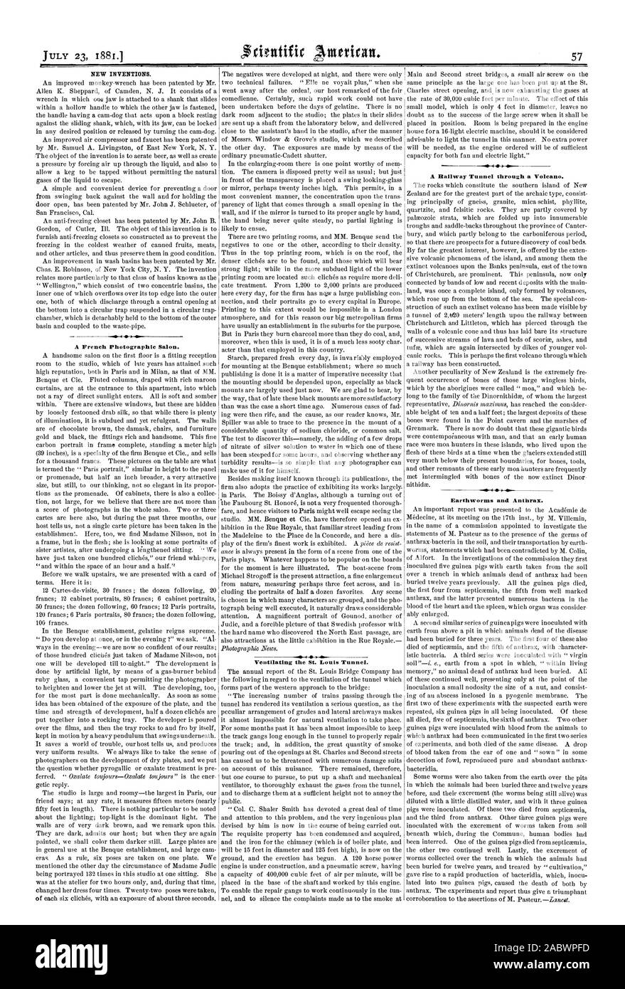 De nouvelles inventions. Un Salon photographique française. La ventilation du tunnel de Saint Louis. Un tunnel ferroviaire par le biais d'un volcan. Les vers de terre et de l'Anthrax., Scientific American, 1881-07-23 Banque D'Images