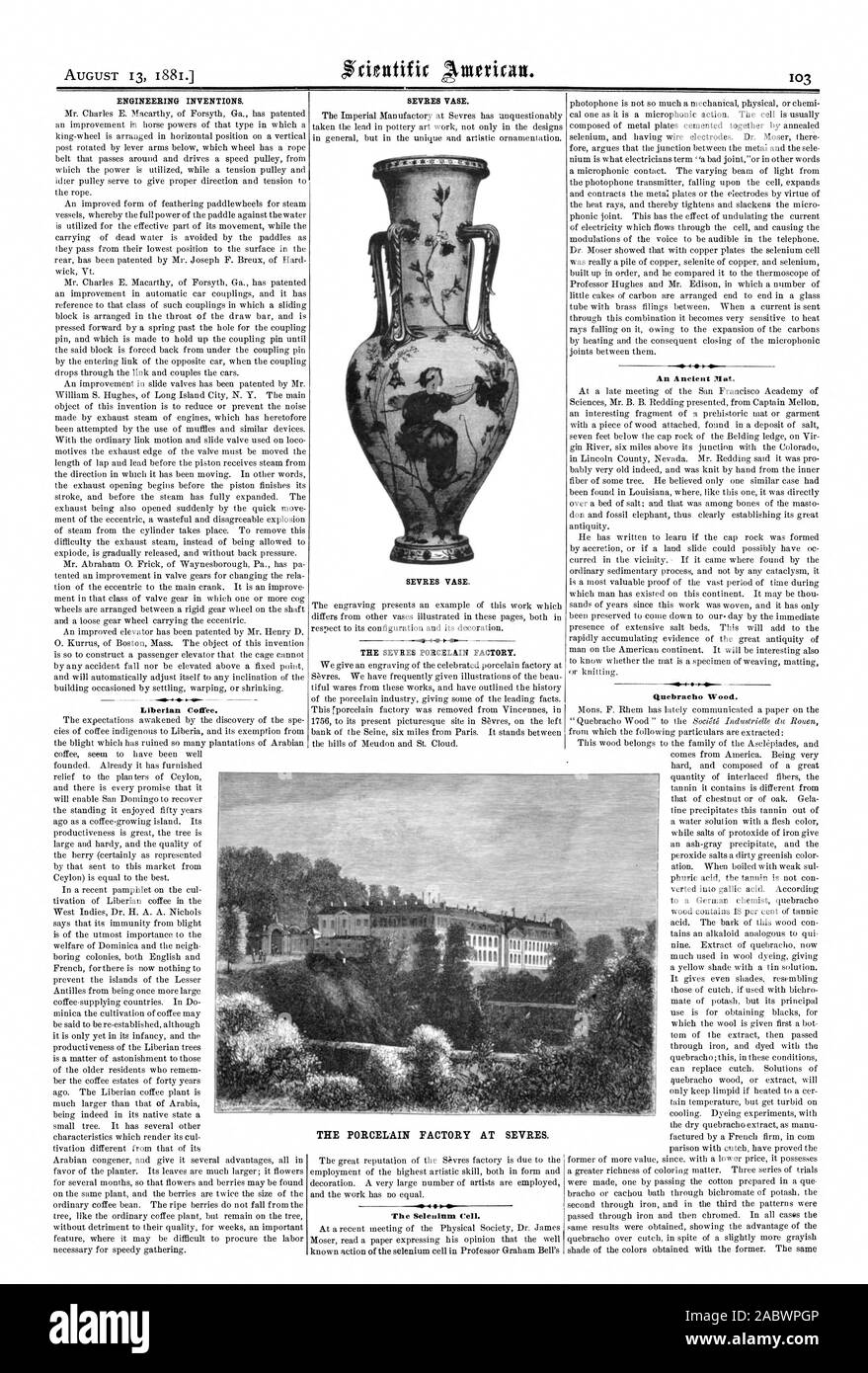 Les inventions techniques. VASE de Sèvres. VASE de Sèvres. 1 L'usine de porcelaine de Sèvres. La cellule au sélénium. Un ancien Mat. Bois de quebracho. La manufacture de Sèvres., Scientific American, 1881-08-13 Banque D'Images