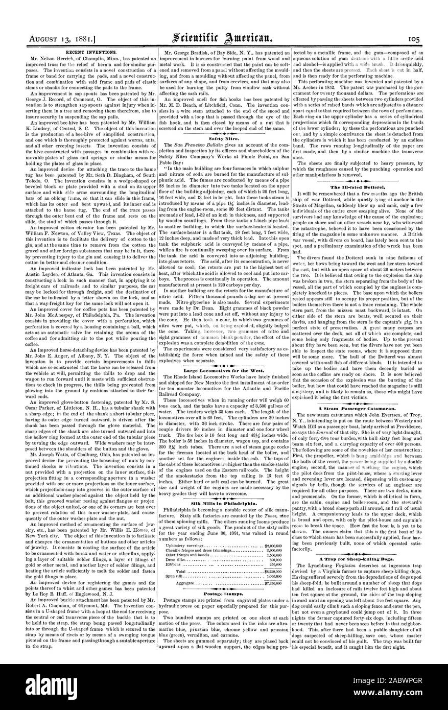 Les inventions récentes. Coffre Nitro. Grandes locomotives pour l'Ouest. Silk Mills à Philadelphie. Les timbres-poste. Le « récent malheureuse. Un piège pour les ovins-massacre des chiens., Scientific American, 1881-08-13 Banque D'Images