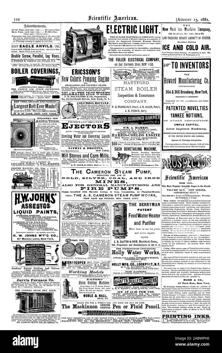 La lumière électrique. La MEILLEURE ENTREPRISE ÉLECTRIQUE COUTEAUX MÉCANIQUES ET AGRICOLES  % MACH AUSSI REICELSVILLEWARRENCO POUR ÉTAUX PARALLÈLES.N. Jarvis Fourneau Co. Plus Grand Belt ! G F.4 37 & 38 PARK ROW NEW YORK FLOURING MILL PRÉCIEUSE MACHINE. MANUFG PORTER. Lim Co.. La nouvelle chaudière HOLCOMB COVERINGS Vis Double étaux jambe parallèle. Les peintures liquides l'Amiante Amiante Amiante revêtements de toiture chaudière à vapeur l'AMIANTE ESTIMÉ DOUBLURE MÈCHE Amiante Amiante EMBALLAGE EMBALLAGE TÉLÉVISION P1CKING CARTONNAGE SANS Amiante Amiante CIMENTS JOINTS COATINGS Etc. H. W. JOHNS M'F'C CO. 87 Maiden Lane New York. Logements d'ERICSSON Banque D'Images
