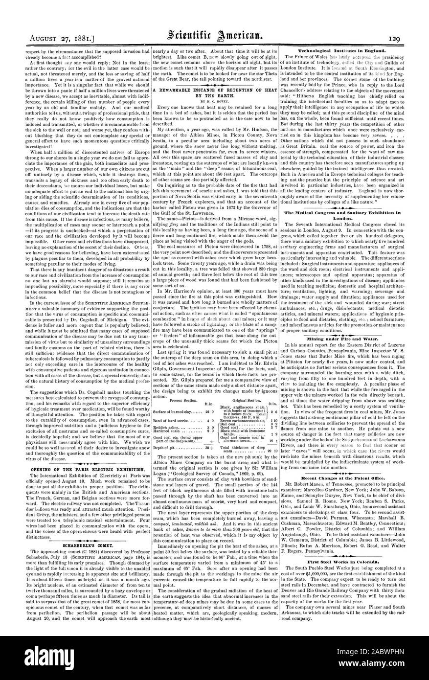 Ouverture de l'EXPOSITION PARIS ELECTRIC. La comète de SCHAEBERLE. Par la terre. Instituts technologiques en Angleterre. Londres. D'extraction sous le feu et l'eau. Les récents changements apportés à l'Office des brevets. Premier Steel Works au ColoradO., Scientific American, 1881-08-27 Banque D'Images