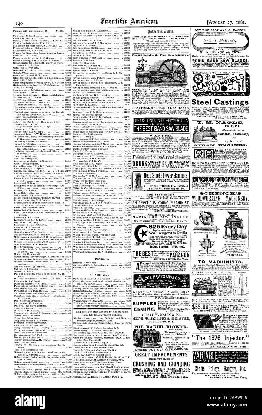 English Brevets délivrés à des Américains. L'ancien temps fiables sur les fabricants de PERIN Lames de scie à Moulins. Marchand et Custom Flouring Mills dans l'utilisation. 14 N. 5e Rue Philadelphie Pa. À VENDRE-moteur. Un jeune ambitieux MACHINISTE MOTEUR ROTATIF MARINE bien guéri les vis d'exercices &LOOMIS & NYMAN TIFFIN OHIO. Goose15 =ingLagwerniatisAltas P. P. Box 53 Nashville Tennessee. Vanne à tiroir simple amélioré. Le moteur. Colombie-britannique Pa. VOLNEY W. MASON & CO. PROVIDENCE R. I. LE BOULANGER VENTILATEUR. L'ensemble équilibré avec précision. WILBRAHAM EROS de grandes améliorations, l'OR ET ARGENT OS &gt ; BALL ENGINE CO. EFIILPA . Broyage et Banque D'Images