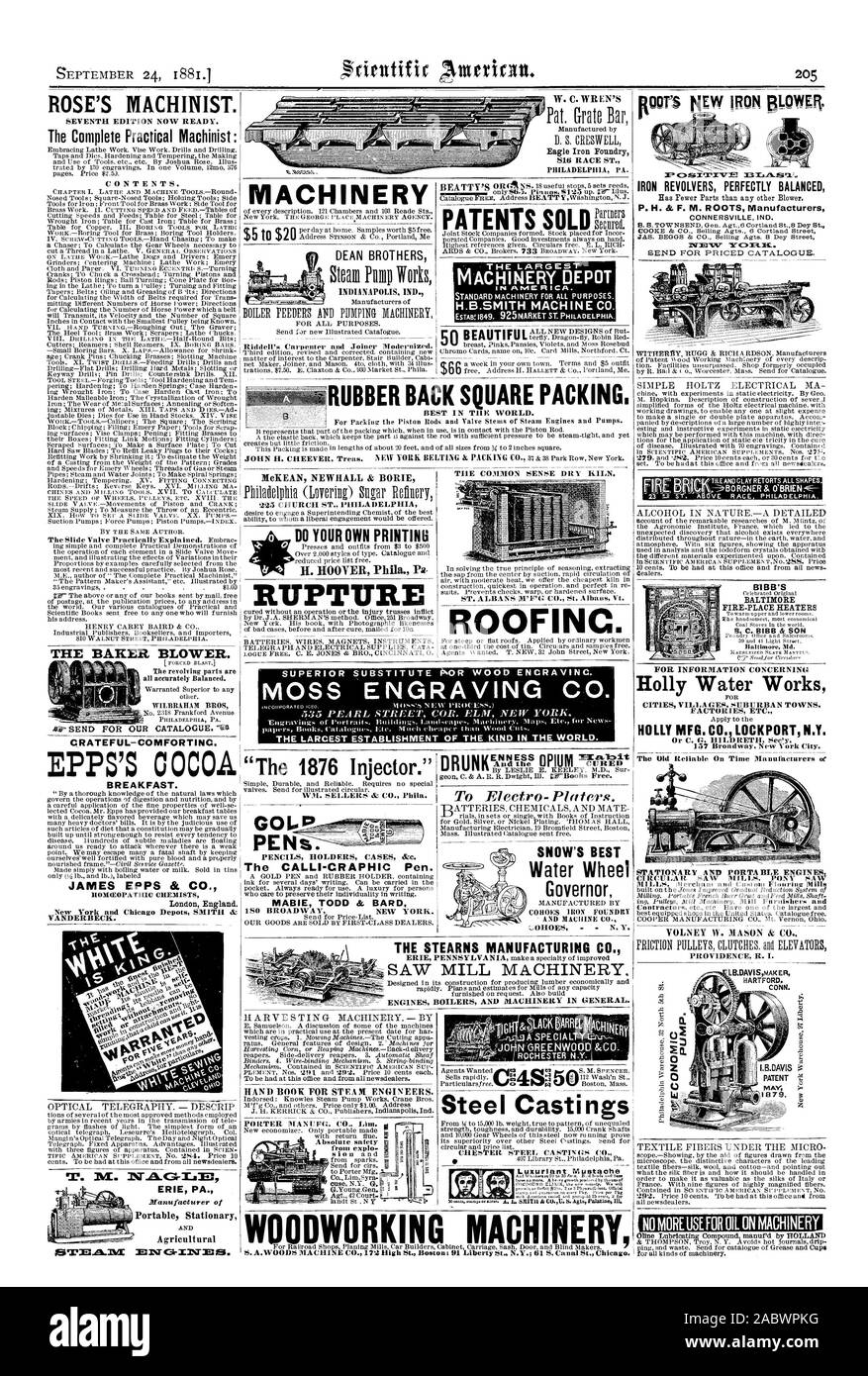 Broadway New York City. Les moteurs stationnaires et portables 225 CHURCH ST. Philadelphie FAIRE VOTRE PROPRE IMPRESSION DE WM. Ventes & CO. Phila. PE NS. W. C. WREN'S Eagle Iron Foundry 816 RACE ST. Philadelphie, PA. Meilleur DANS LES MONDE. OFINC. Le PLUS GRAND ÉTABLISSEMENT DE LA SORTE DANS LE MONDE. Le STEARNS CO. PORTER MANUEG. CO. Lim. de G.explo jeune.Le général eqiiy moulages d'acier Chester Street. CA PIQUE CO. WOODWORKING MACHINES BIBB'S FIRE-PLACE CHAUFFANTES B. C. BIBB & SON Baltimore Md., Scientific American, 1881-09-24 Banque D'Images
