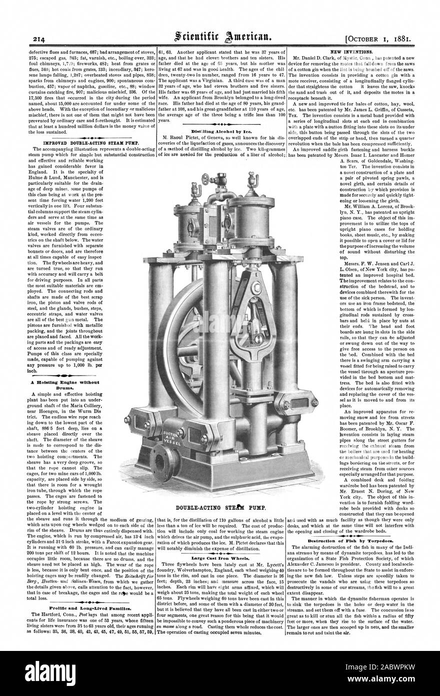 L'AMÉLIORATION DE LA POMPE À VAPEUR À DOUBLE EFFET. Un moteur de levage sans la batterie. Prolifique et actifs à long terme les familles. Distillation de l'alcool par la glace. Grandes roues en fonte. De nouvelles inventions. Destruction du poisson par des torpilles. La POMPE À DOUBLE EFFET STERM., Scientific American, 1881-10-01 Banque D'Images
