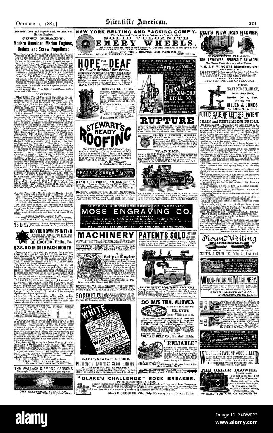 WILBRAHAM BROS LES MACHINES Moteur Eclipse BENTEL NIARCEDANT & CO.) États-Unis d'OHI HAMILTON.HIPRAUL MURANO J BARNES' MACHINES D'ALIMENTATION PIED DES BREVETS. 30 jours d'essai autorisé. y DIAMOND PLATE . A.W RUPTURE INT 'I' F3 MOSS ENGRAVING CO. $5 à $20 Snicson Adresse & Co. Portland moi FAIRE VOTRE PROPRE IMPRESSION II. HOOTER Phila. Pa 38,50 $ EN OR CHAQUE MOIS ! J'  armr, Scientific American, 1881-10-01 Banque D'Images