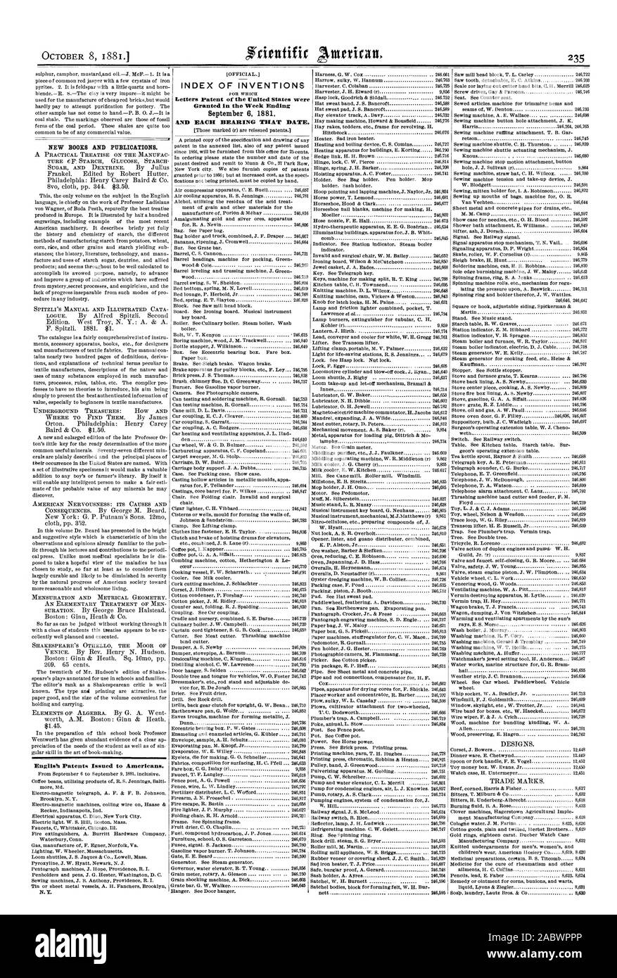 English Brevets délivrés à des Américains. INDEX DES INVENTIONS 6 SEPTEMBRE 1881 ET CHAQUE ROULEMENT CETTE DATE., Scientific American, 1881-10-08 Banque D'Images