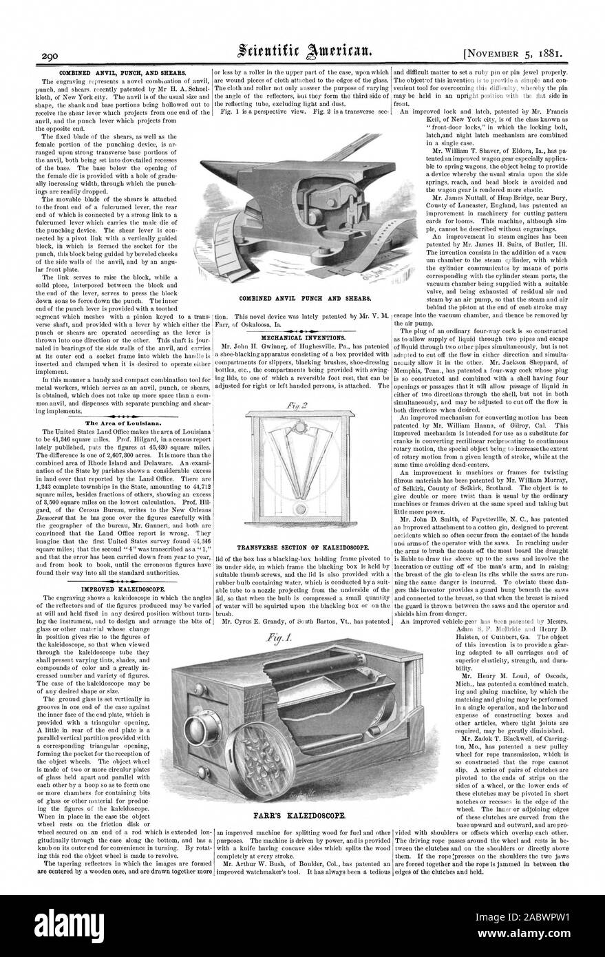Poinçon de l'ENCLUME combiné et de cisailles. Le domaine de la Louisiane. L'amélioration de kaléidoscope. Des inventions mécaniques. La SECTION TRANSVERSALE DE KALÉIDOSCOPE. Kaléidoscope FARR, Scientific American, 1881-11-05 Banque D'Images
