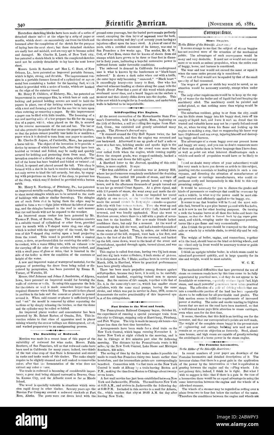 La durabilité du bois rouge. Self-Propelling d'incendie. Des trains rapides à l'Ouest et au Sud. Buggies à vapeur. La Fontaine. Locomotive, Scientific American, 1881-11-26 Banque D'Images
