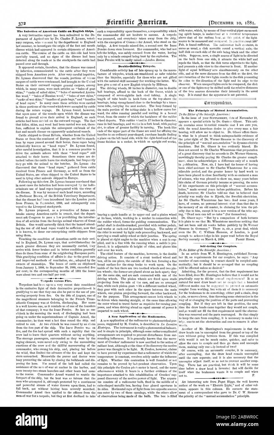 L'infection du bétail américain sur les navires anglais. Par rapport à la torpille le feu. Double-Driving tricycle. Le principe de l'entraide de l'accumulation. Voiture Self-Acting. Raccords, Scientific American, 1881-12-10 Banque D'Images