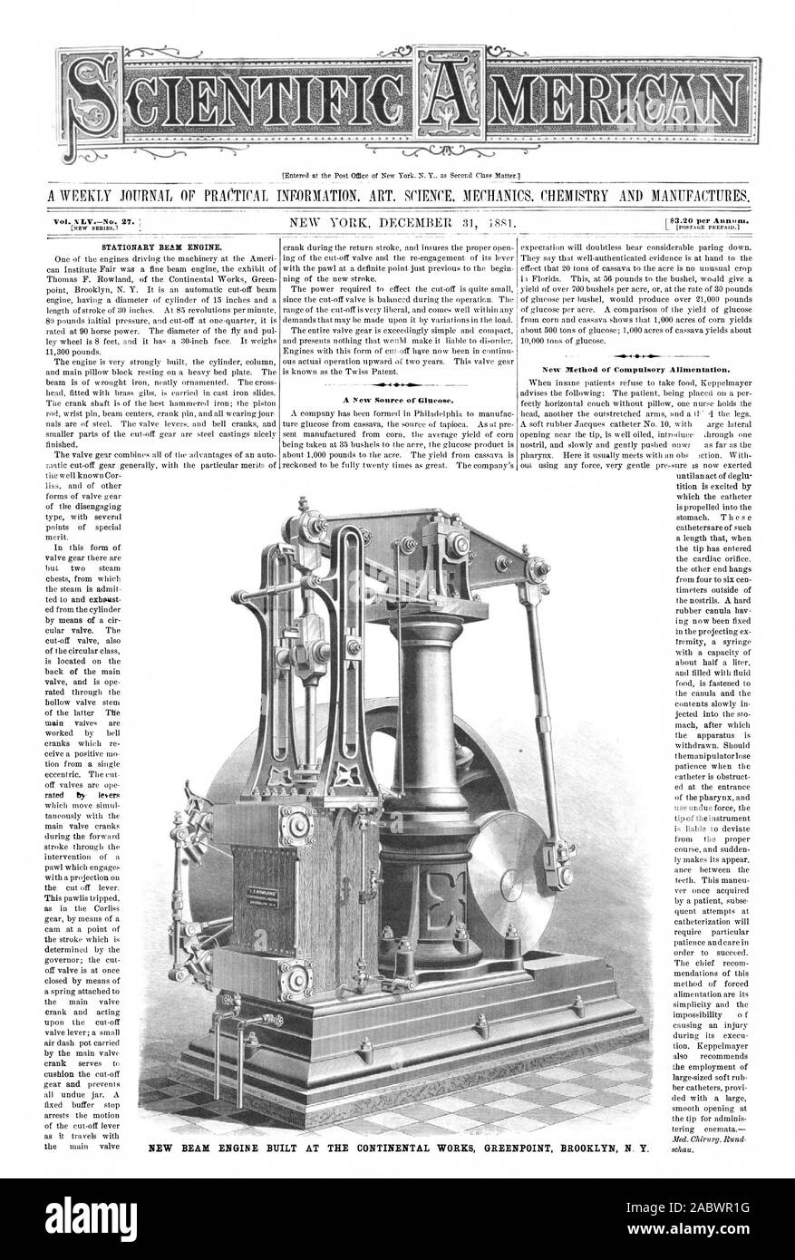 Un WEEKTX PRVTICAT JOURNAL DE L'INFORMATION. ART. La SCIENCE. La mécanique. Chimie et produits manufacturés. NEW BEAM MOTEUR CONSTRUIT À L'échelle continentale TRAVAILLE GREENPOINT BROOKLYN N. Y., Scientific American, 1881-12-31 Banque D'Images