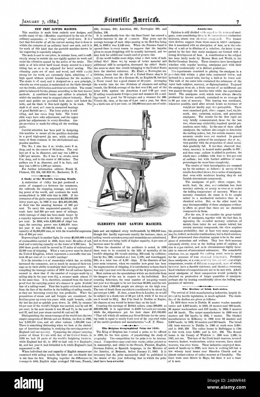 Une étude de l'Organisation mondiale du commerce de l'exercice. CLEMENT'S MACHINE À SCIER À la frette géographique belge de 1885. D'amalgames. 4441 Le déclin de l'industrie irlandaise., Scientific American, 1882-01-07 Banque D'Images