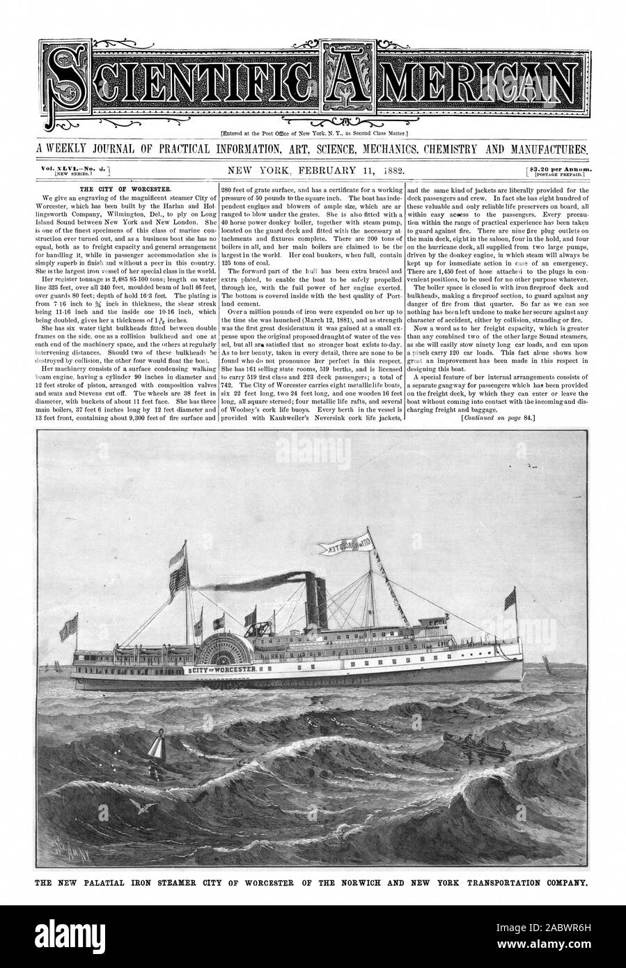 Le nouveau fer à repasser vapeur de palais, VILLE DE WORCESTER DE LA NORWICH ET NEW YORK TRANSPORTATION COMPANY, Scientific American, 1882-02-11 Banque D'Images