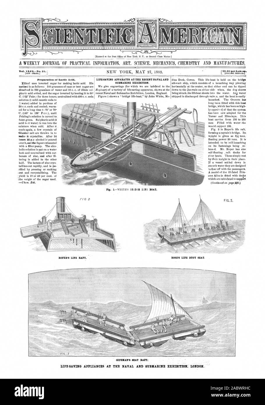 Entré à la poste une fois de New York. N. Y comme deuxième classe affaire. t-r Préparation de l'acide lactique. r$3,20 par Amnon). Radeau DE ROPER. ROSE'S BOUÉE SIÈGE. Engins de sauvetage À LA BASE NAVALE ET SOUS-MARINE EXPOSITION LONDRES., Scientific American, 1882-05-27 Banque D'Images