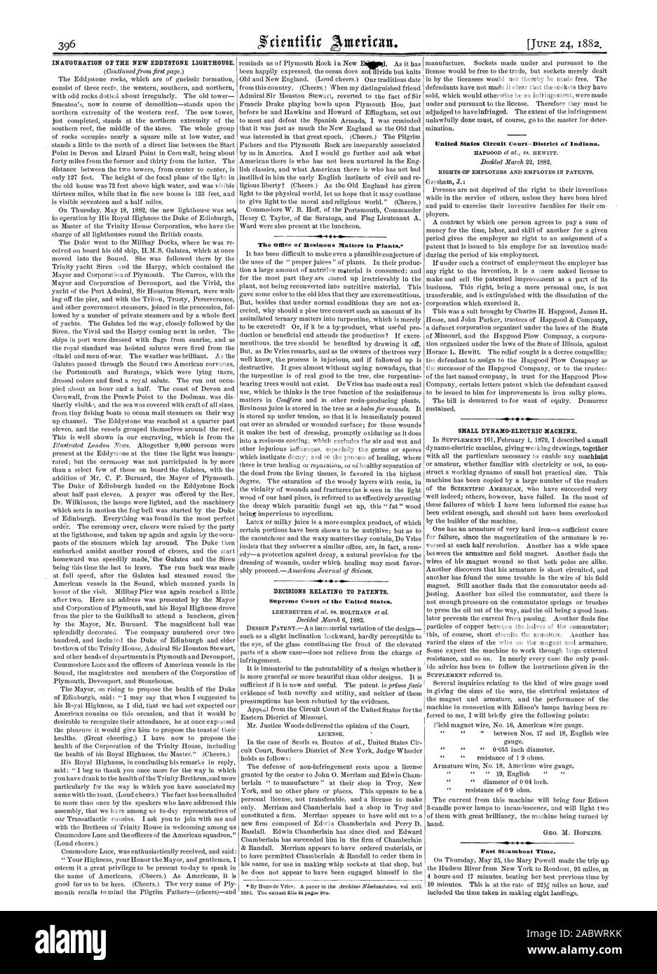 INAUGURATION DU NOUVEAU PHARE EDDYSTONE. 'Stets. Le Bureau de Natters résineuse dans les plantes. Les décisions relatives aux brevets. Cour suprême des États-Unis. Petite Machine dynamo-électrique. Sts3amboat rapide. temps, Scientific American, 1882-06-24 Banque D'Images