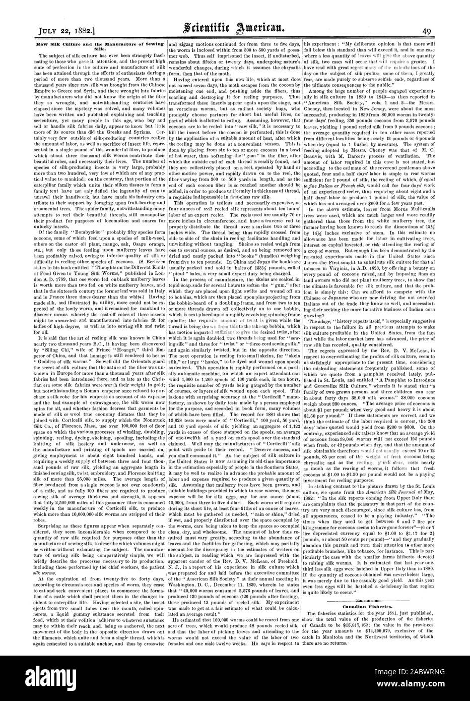 La culture de la soie brute et la fabrication de la soie à coudre. Pêches canadiennes., Scientific American, 1882-07-22 Banque D'Images