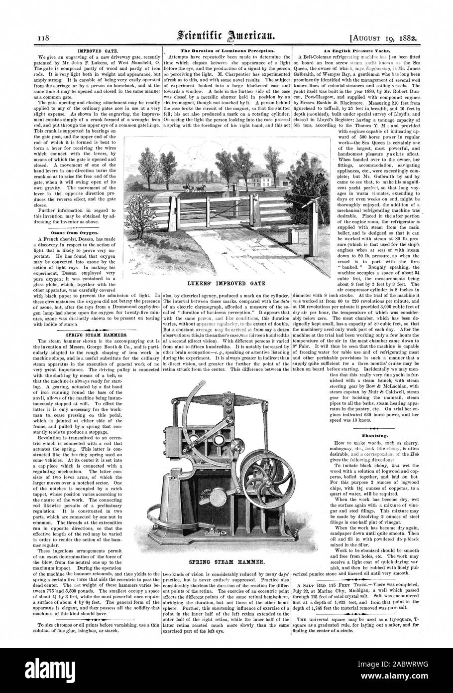 L'AMÉLIORATION DE LA PORTE. L'ozone à partir de l'oxygène. Marteaux À VAPEUR DE PRINTEMPS. La durée de perception lumineuse. LUKENS' GATE AMÉLIORÉ Un yacht de plaisance. Ebonizing. Marteau À VAPEUR AU PRINTEMPS., Scientific American, 1882-08-19 Banque D'Images