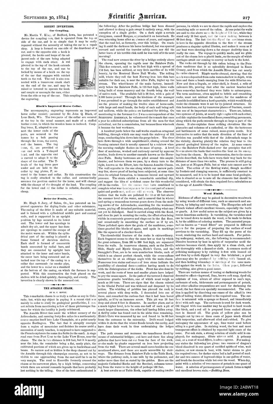 Pour les fruits secs etc. inventions récentes. Location d'attelage. La AUSABLE CHASM. 4e 4 lir Bois., Scientific American, 1882-09-30 Banque D'Images