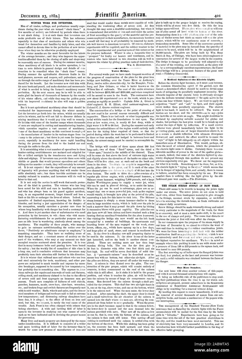 23 décembre 1882.1 WM. S. Huntington. . 4 Pont de Yazoo. Un avis médical de la lumière électrique. La vapeur d'ALIMENTATION DE RUE À NEW YORK. Plus d'un certain nombre. 4, Scientific American, 1882-12-23 Banque D'Images