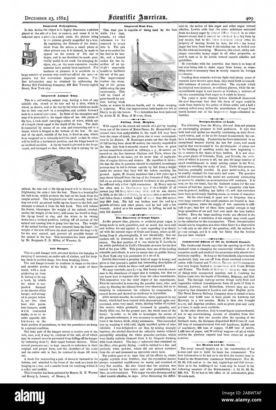 Le 23 décembre 1882. jrcitutifir lkitterican. Amélioration de l'Polyoptieon. L'amélioration de l'interruption. Répondre à Hanger. Chutes de hauteur. La découverte de sucre de raisin. La surproduction de plomb. 41.1 Effets commerciaux de la tunnel du Gothard. Maisons de glace et la glace des bateaux. Pelle à poussière amélioré., Scientific American, 1882-12-23 Banque D'Images