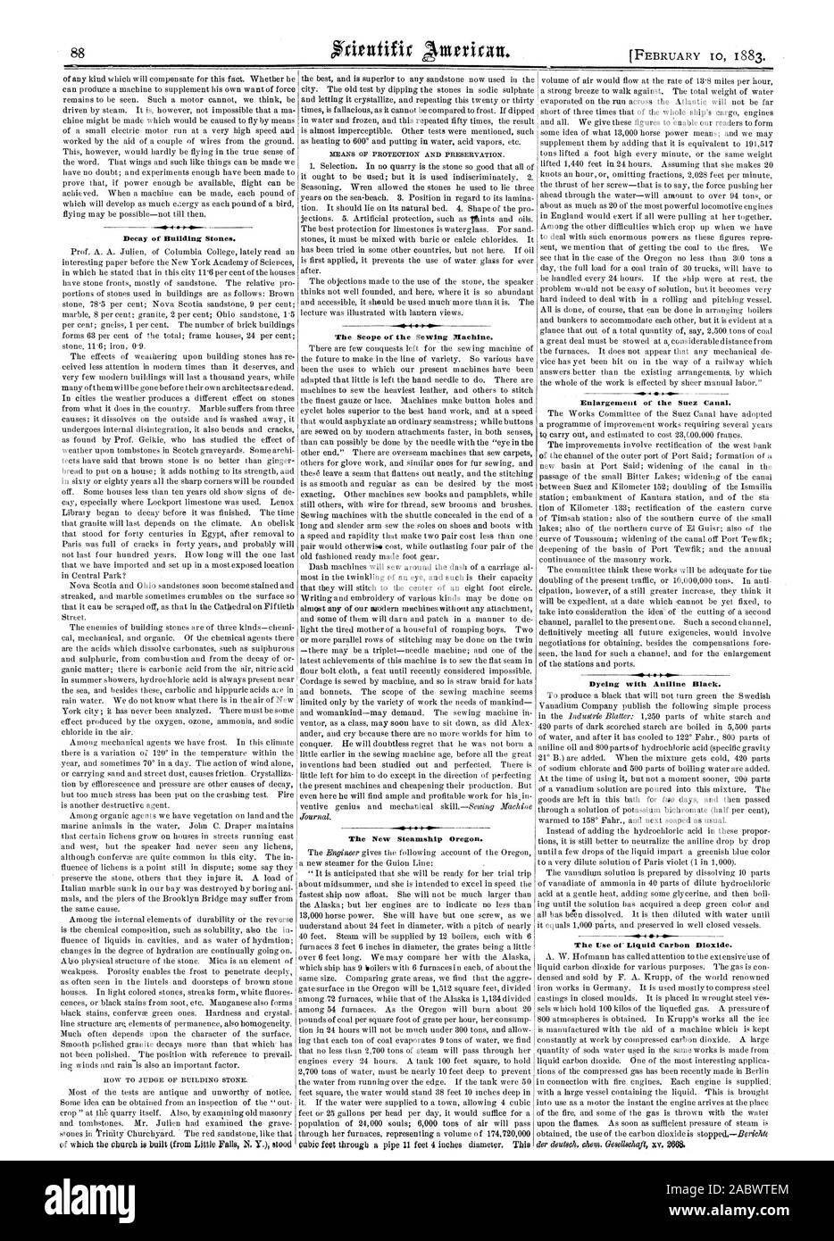 La décomposition des pierres de construction. La portée de la machine à coudre. Le nouveau navire à vapeur de l'Oregon. L'élargissement du canal de Suez. La teinture avec de l'Aniline noir. L'utilisation ou de dioxyde de carbone liquide., Scientific American, 1883-02-10 Banque D'Images