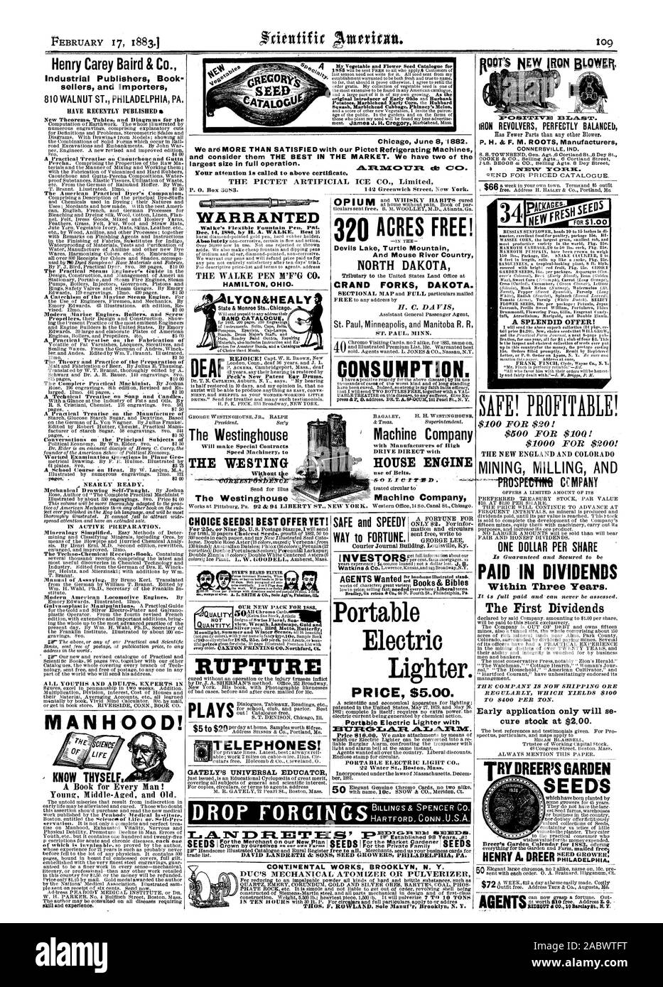 TurtleMountain le lac et la rivière Souris Pays DAKOTA DU NORD DAKOTA FOURCHES CRAND H. C. DAVIS ONSUMPTION. Les agents voulaient un briquet électrique portable. Prix $5.00. REVOLVERS FER parfaitement équilibrés P. H. & F. M. Fabricants 34 RACINES UNE SPLENDIDE OFFRE ! Sécurité ! Rentable ! 100 $ pour 20 $ ! 500 $ pour 1001 $ 1000 $ pour 200 $ ! Fraisage d'EXPLOITATION MINIÈRE ET UN DOLLAR PAR ACTION versé en dividendes dans un délai de trois ans. Les premiers dividendes LA SOCIÉTÉ EST MAINTENANT régulièrement de minerai qui donne 100 $ à 400 $ par tonne. Début de l'application seulement se guérir stock à 2,00 $. Justifié l'Ohio. HAMILTON LYON&HEALY BAND CHOIX CATALOGUE SEEDS Banque D'Images