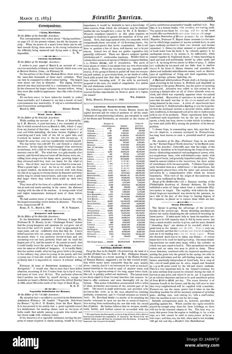 Machines volantes. Curieux de neige. Vent . Boules de neige. Kangourou et l'Opossum. 41. 41. Substituts de légumes pour Bennett. Mannfactnring américain intérêts. 106 NOTES D'HISTOIRE NATURELLE. Thrashers vapeur., Scientific American, 83-03-17 Banque D'Images
