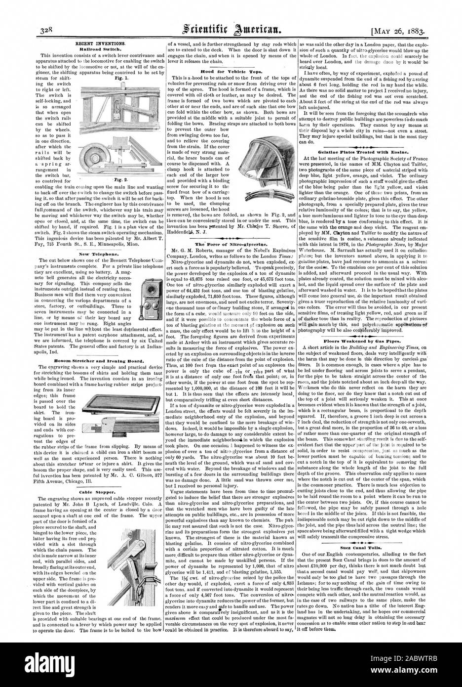 L'Américain. Les inventions récentes. Commutateur de fer. Nouveau téléphone. BosomNtretcher et planche à repasser. Butée de câble. Le capot du véhicule. La vigueur de la Nitro-glycérine. Les plaques de gélatine éosine traités avec. Étages affaiblis par les canalisations de gaz. Les péages du canal de Suez., Scientific American, 1883-05-26 Banque D'Images