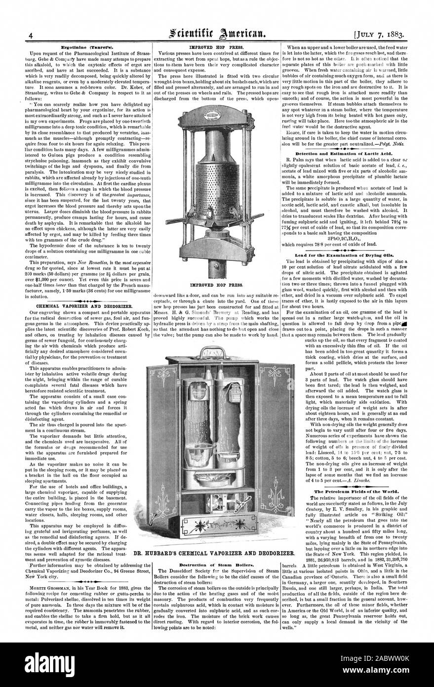 (Tanrers Ergotinine). Vaporisateurs chimiques et désodorisant. Amélioration de l'HOP PRESSE. Amélioration de l'HOP PRESSE. Vaporisateur et destruction des chaudières à vapeur. La détection et l'estimation de l'acide lactique. Entraîner pour l'examen des huiles de séchage. Les champs pétroliers du monde. DR. HUBBARD, DÉSODORISANT CHIMIQUE., Scientific American, 1883-07-07 Banque D'Images