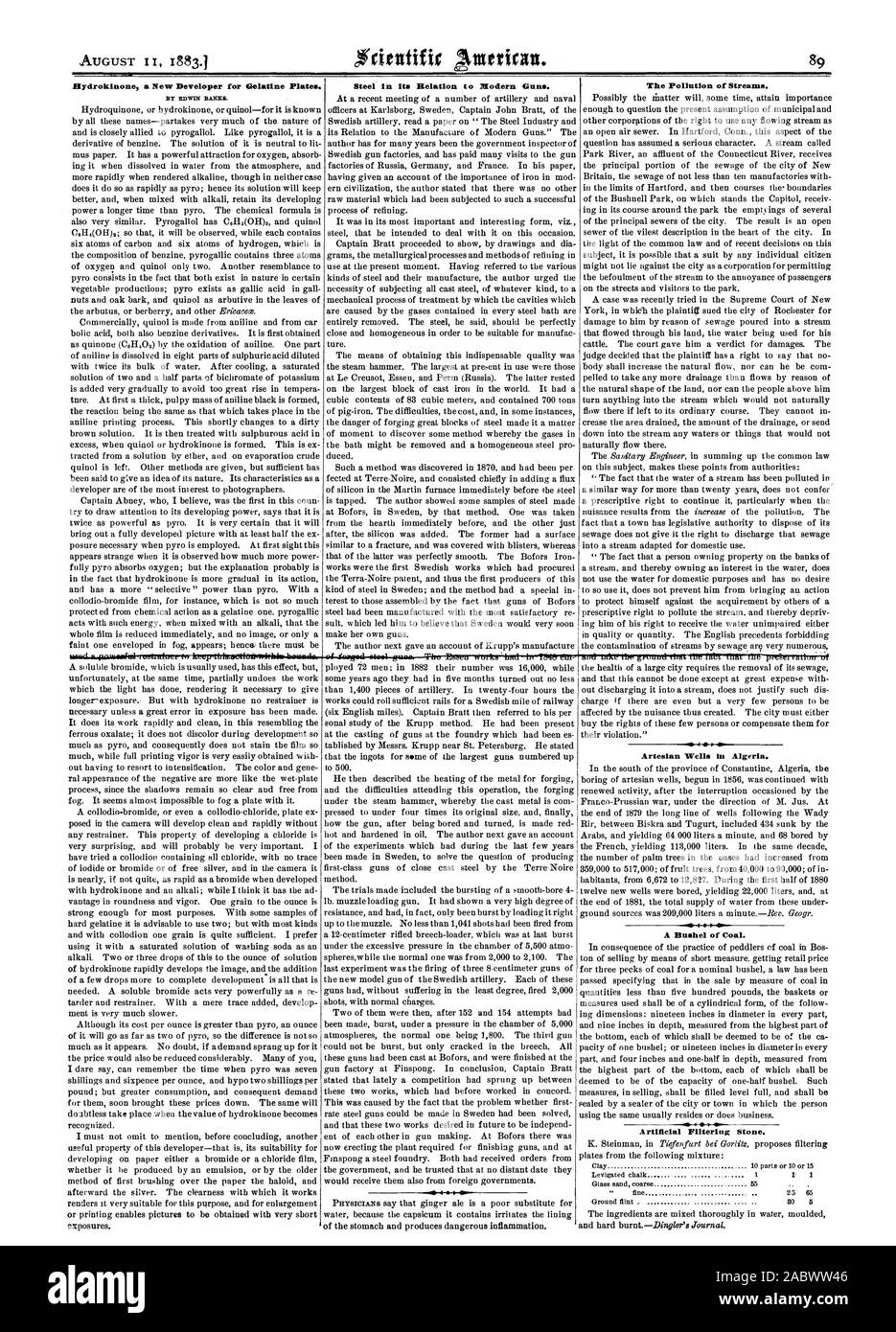 Hydrokinone un nouveau développeur pour plaques de gélatine. Par EDWIN BANQUES. Dans son rapport à l'acier des armes modernes. La pollution des cours d'eau. Les puits artésiens ha l'Algérie. Un boisseau de charbon. Pierre de filtrage artificiel, Scientific American, 1883-08-11 Banque D'Images