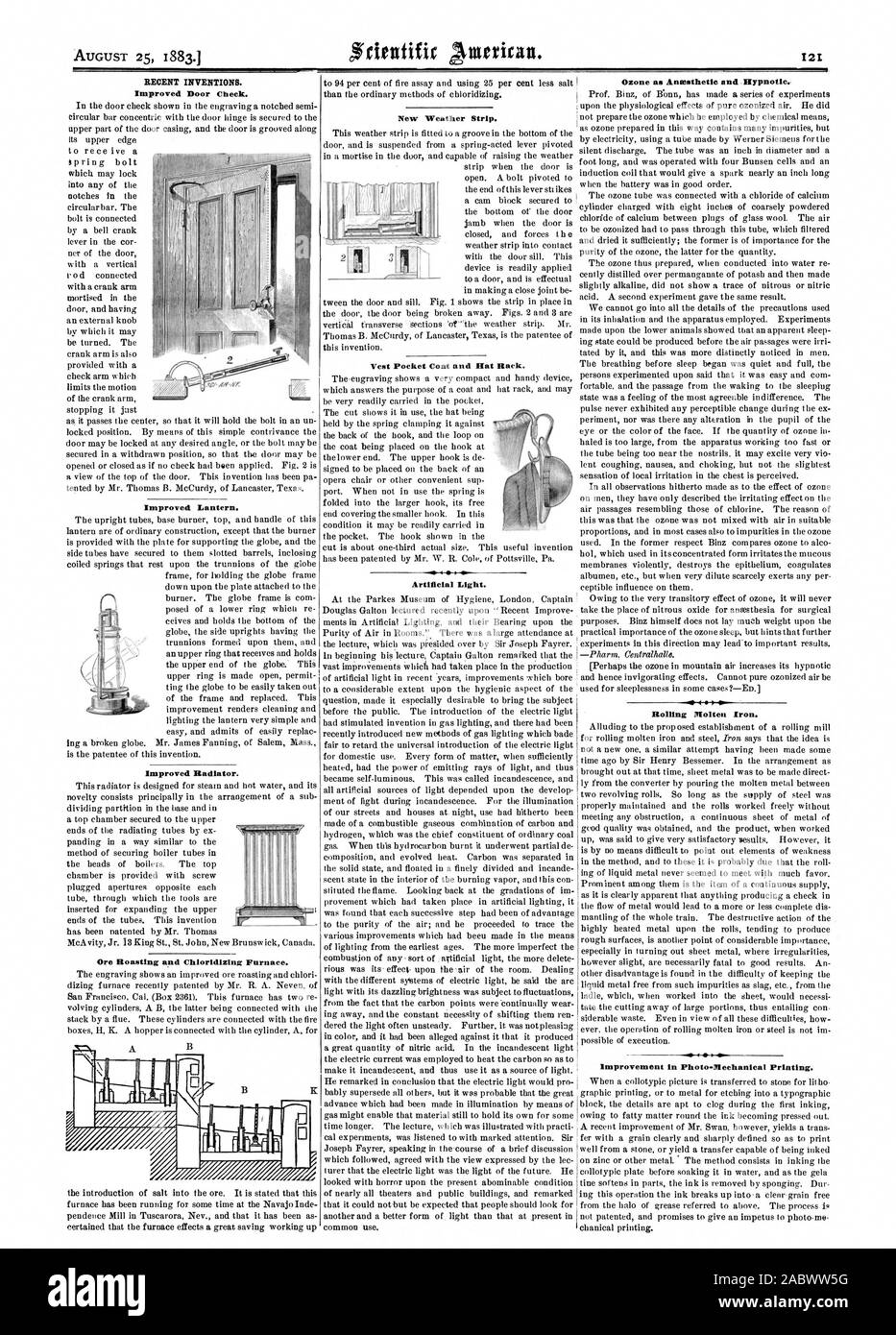 Porte améliorée. L'amélioration de la lanterne. L'amélioration de radiateur. Grillage du minerai et Chlorldizing Fournaise. Nouvelle bande d'étanchéité. Vest Pocket manteau et Hat Rack. Lumière artificielle. Amélioration de la photo.L'impression. Itlechanical, Scientific American, 1883-08-25 Banque D'Images