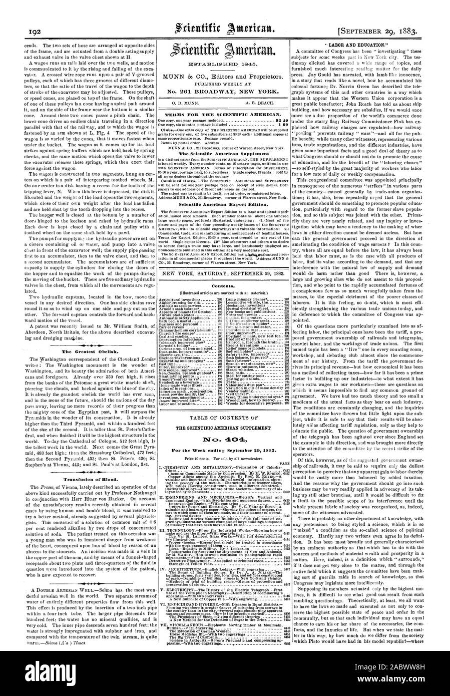 Le plus grand obélisque. La transfusion de sang., Scientific American, 1883-09-29 Banque D'Images