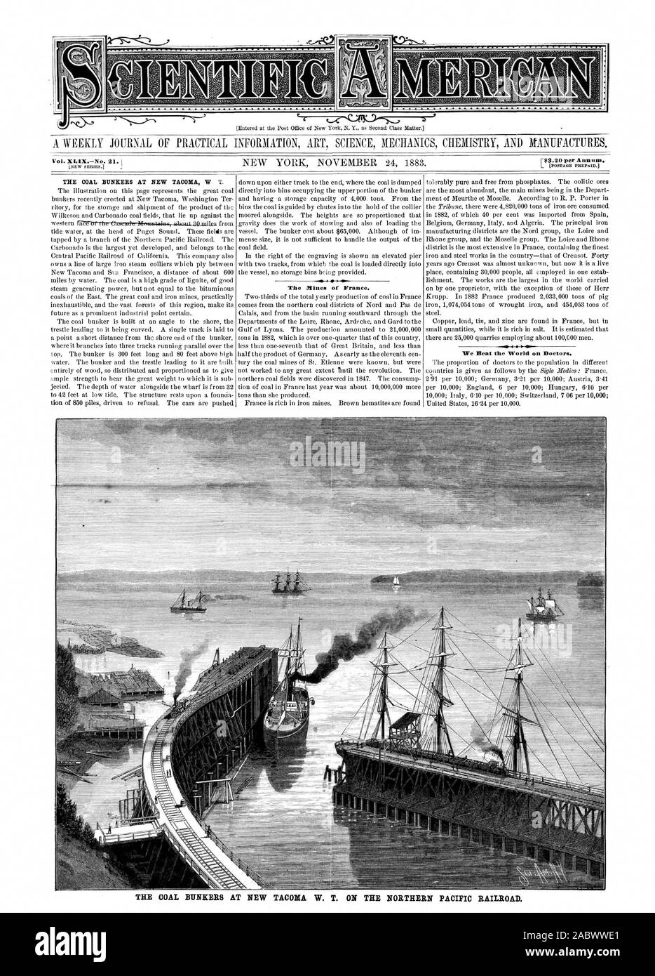 Vol. XG1Xnb 21. Les mines de France. Les bunkers de CHARBON À NOUVEAU TACOMA W. T. SUR LA NORTHERN PACIFIC RAILROAD., Scientific American, 1883-11-24 Banque D'Images