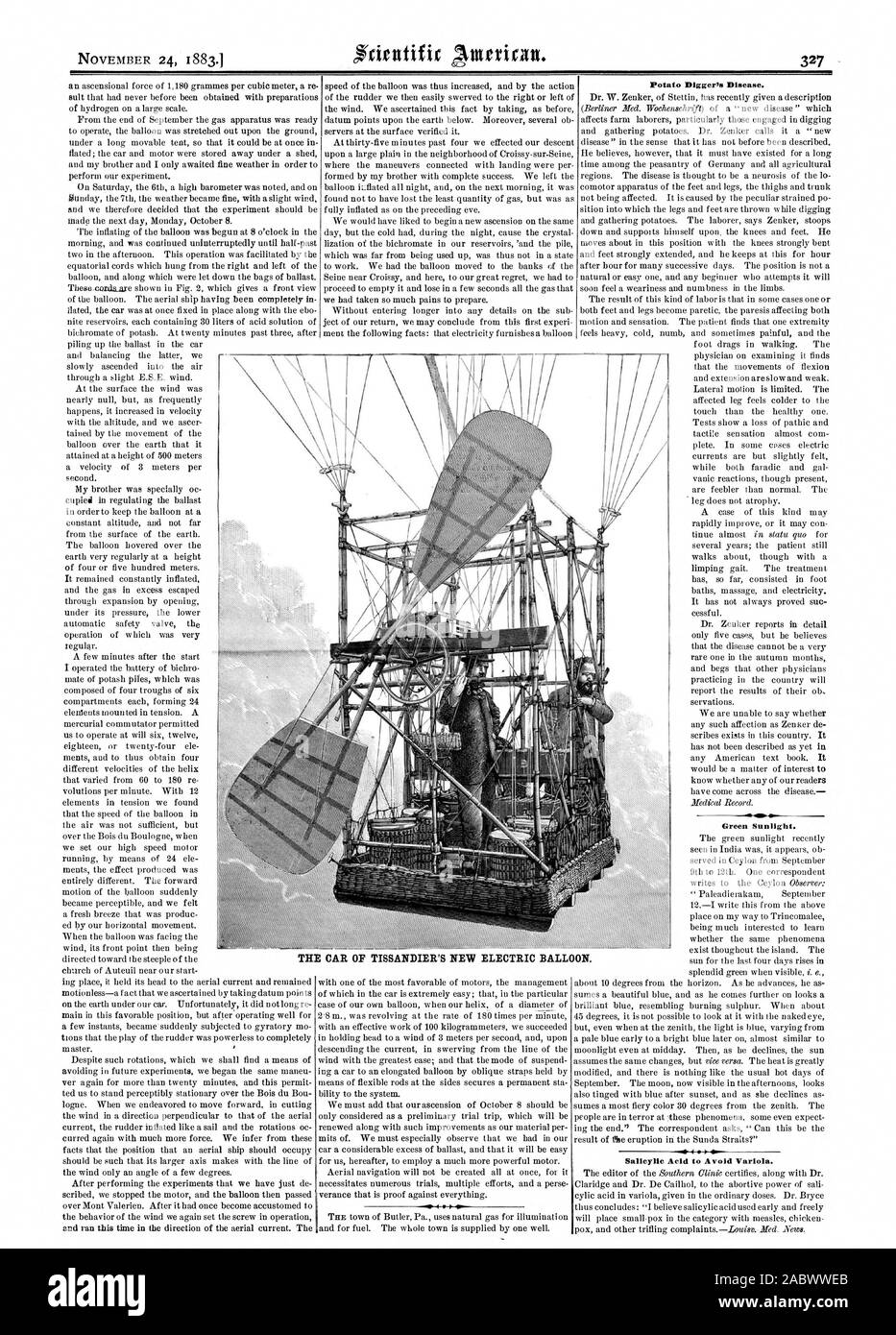 La maladie d'arracheuse de pommes de terre. Soleil Vert. L'acide salicylique pour éviter les virus variolique. E E DE VOITURE LE NOUVEAU BALLON ÉLECTRIQUE TISSANDIER., Scientific American, 1883-11-24 Banque D'Images