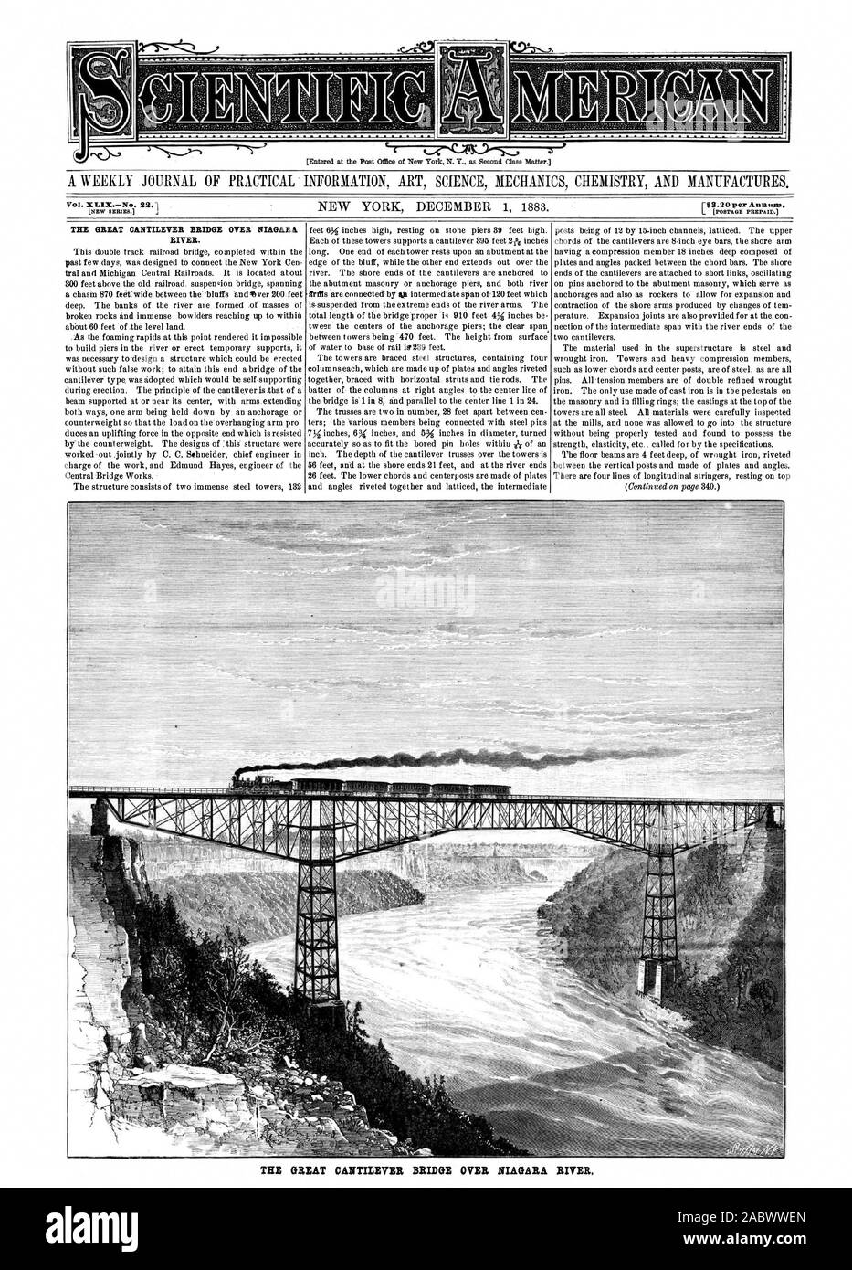 338 Vol. XG1Xnb 22.1 LE GRAND PONT EN PORTE-À-FAUX AU-DESSUS DE LA RIVIÈRE NIAGARA, Scientific American, 1883-12-01 Banque D'Images