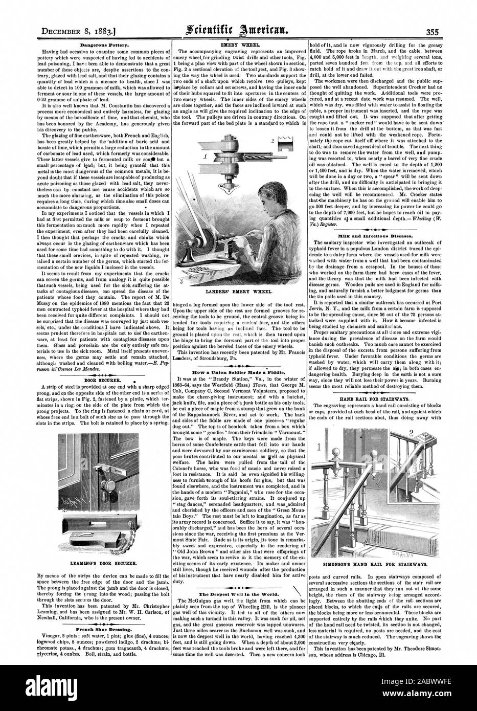 Poterie dangereuses. SECURER PORTE. Chaussure française. EMERY ROUE. LANDERS' EMERY ROUE. Comment un soldat de l'Union Blade un violon. Bien le plus profond au monde. La porte de l'LEATUNG SECURER. Le lait et les maladies infectieuses. Main courante pour les escaliers. La main de SIMONSON RAIL POUR ESCALIERS., Scientific American, 1883-12-08 Banque D'Images