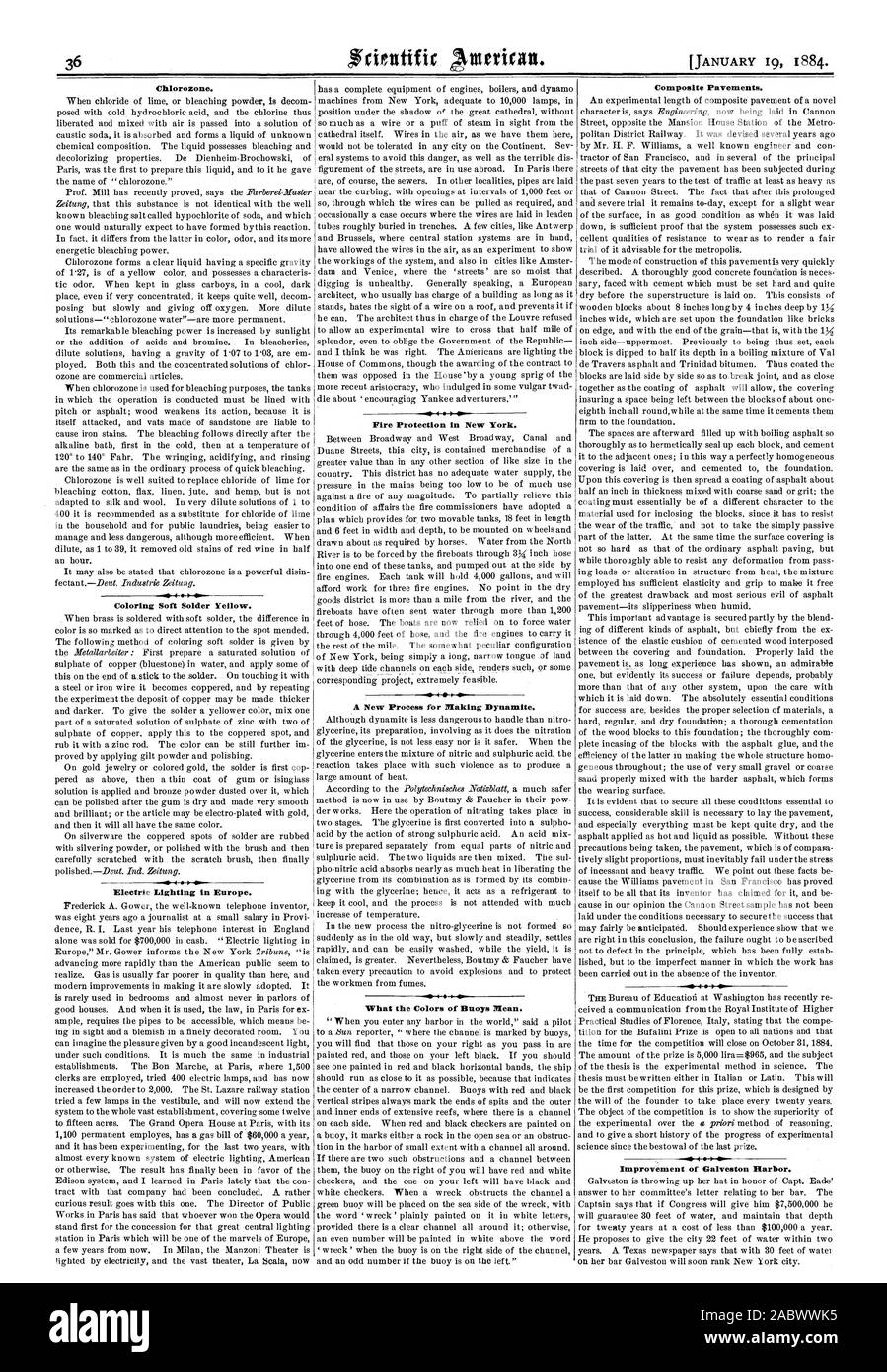 Chlorozone. Brasure tendre coloration jaune. L'éclairage électrique en Europe. La protection contre les incendies de New York. Un nouveau procédé de fabrication de la dynamite. Ce que les couleurs des bouées moyenne. Les chaussées composites. 4 I'amélioration de Galveston Port., Scientific American, 1884-01-19 Banque D'Images