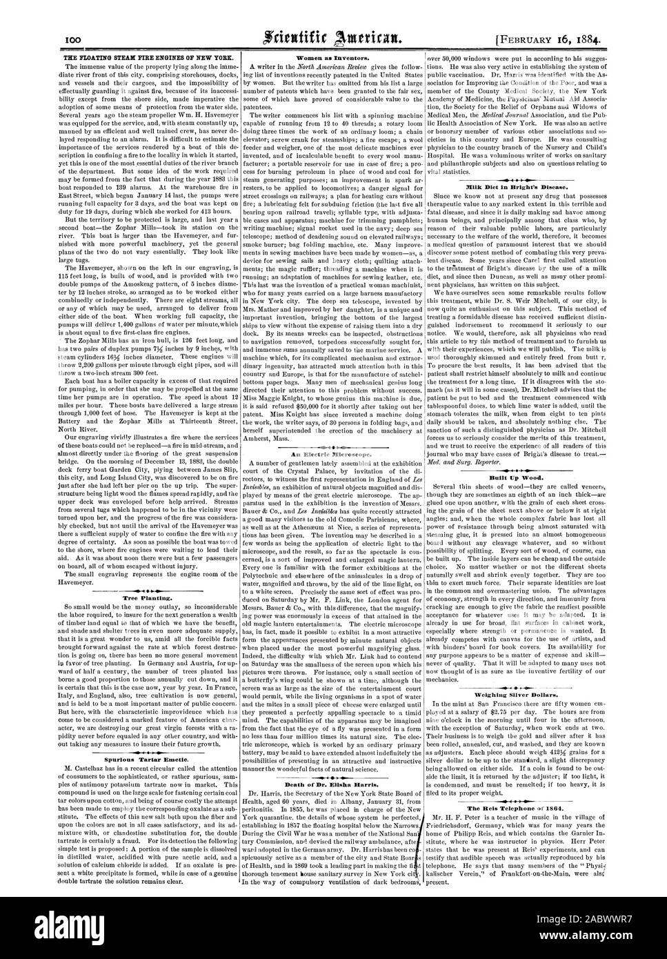 La vapeur FLOTTANTE DE POMPIERS DE NEW YORK. La plantation d'arbres. Je fausse le tartre émétique. Les femmes en tant qu'inventeurs. Un microscope électrique. Décès de M. Élisée Harris. Construit en bois. Des Dollars en argent pesant. Le Reis Téléphone de 1864., Scientific American, 1884-02-16 Banque D'Images