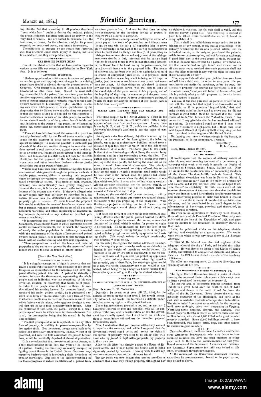 Ligne D'EAU ET DE DÉFENSE POUR CANON pour les croiseurs. Est- briser la foi. La Loi sur les brevets d'hostilité. E. Du Moncel les tempêtes remarquables du 19 février., Scientific American, 1884-03-22 Banque D'Images