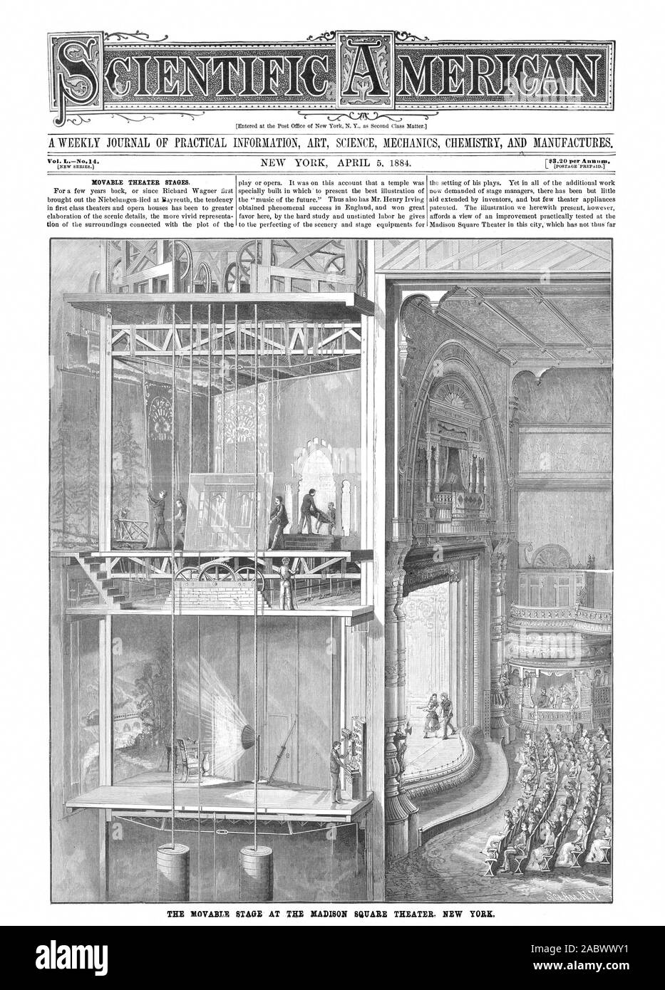 Un journal hebdomadaire D'INFORMATIONS PRATIQUES ART SCIENCE MÉCANIQUE CHIMIE ET PRODUITS MANUFACTURÉS. Vol. LNo.14. Scènes de théâtre mobile. Mobiliers À TEE TEE STADE Madison Square à New York.', Scientific American, 1884-04-05 Banque D'Images