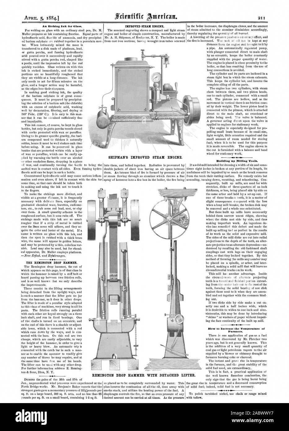 Le REMINGTON DROP HAMMER. Amélioration de la machine à vapeur. La mise en place d'outils de fraisage. Les fours. L'AMÉLIORATION DE SHIPMAN MACHINE À VAPEUR. REMINGTON DISTORTED (avec élévateur détachée., Scientific American, 1884-04-05 Banque D'Images