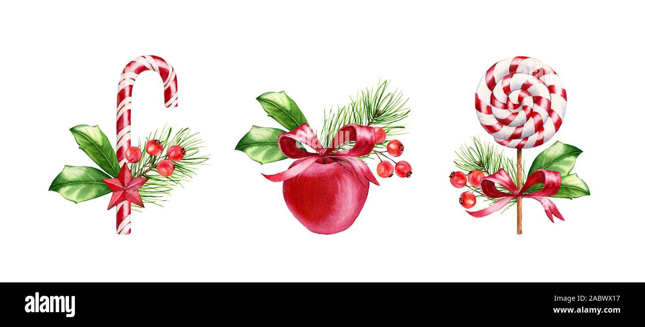 Friandises de Noël aquarelle set. Illustration peinte à la main collection avec lollypop, Candy Cane et red apple. L'art de la nourriture pour les vacances d'hiver Banque D'Images