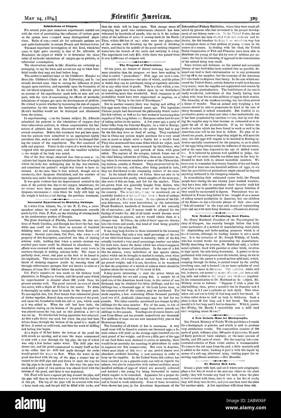 Les inhalations d'oxygène. Expérience réussie dans le drainage des marécages. Les progrès de la pisciculture. I. Nouvelle méthode de production de plaques d'acier. Une nouvelle masse de gélatine pour Hectographs. Pour détruire les fourmis rouge., Scientific American, 1884-05-24 Banque D'Images