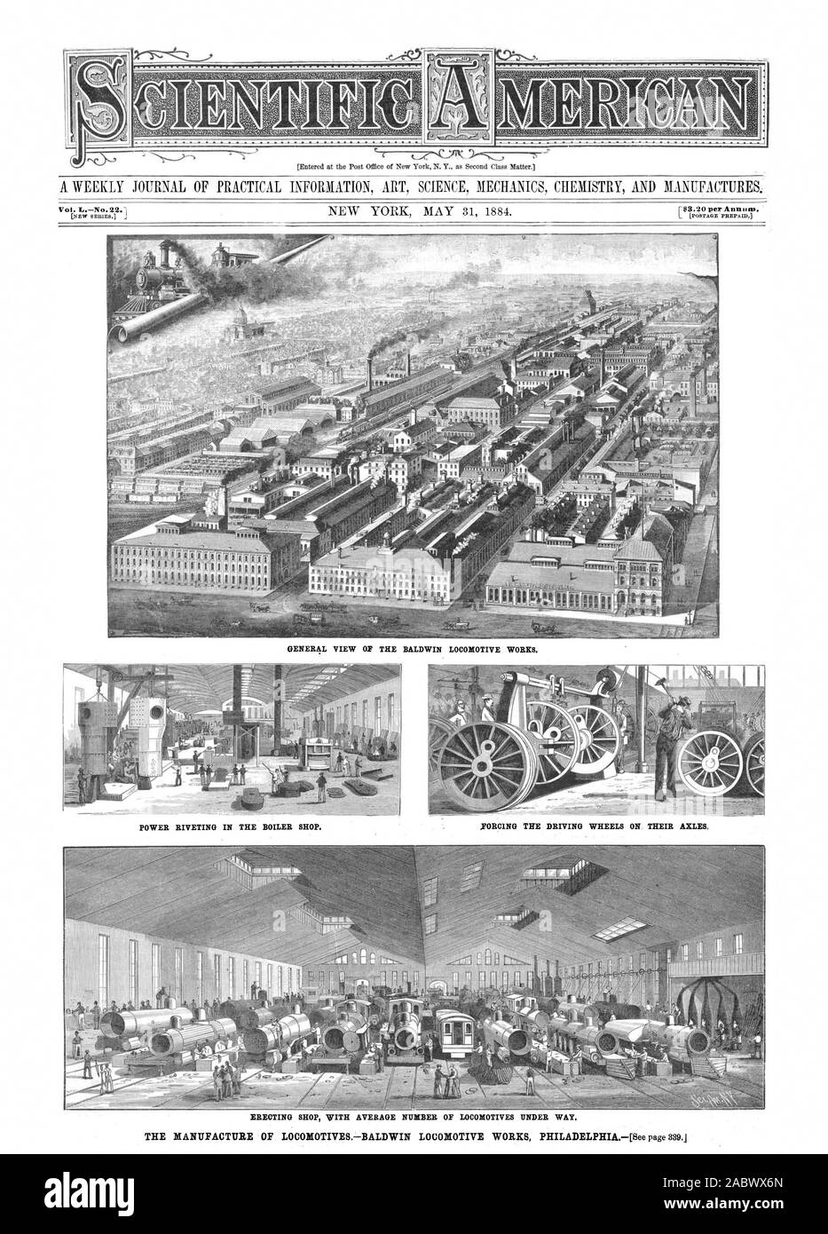 Vue générale de la Baldwin Locomotive Works. J F$3,20 par an. L'ALIMENTATION DANS LE CENTRE COMMERCIAL DE RIVETAGE CHAUDIÈRE SHOP. Forcer LES ROUES D'ENTRAÎNEMENT SUR LEURS ESSIEUX. L'érection d'ACHETER EN NOMBRE MOYEN DE LOCOMOTIVES EN COURS., Scientific American, 1884-05-31 Banque D'Images